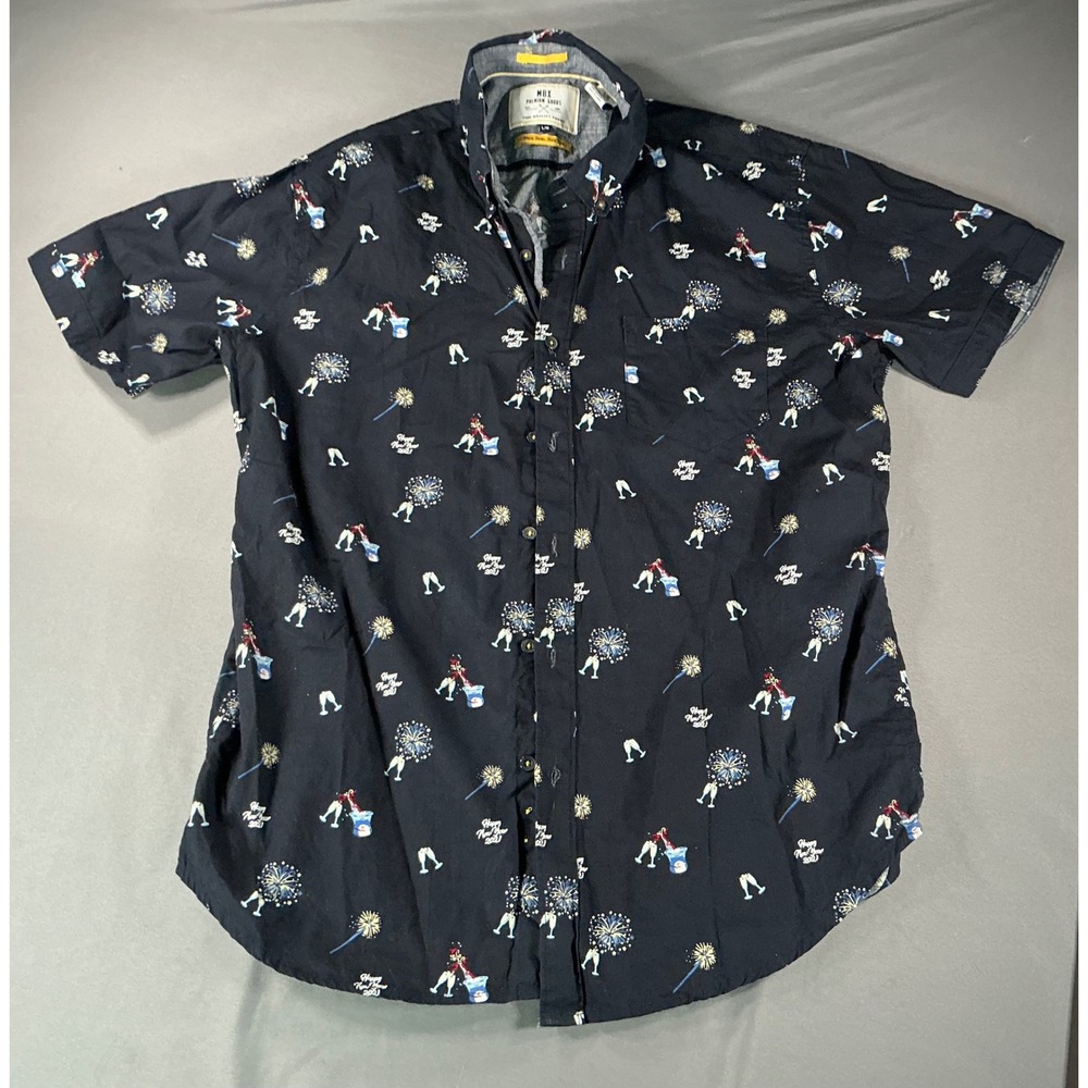 MBX Premium Goods Mens Navy New Year 2021 Fireworks Short Sleeve Button Down L